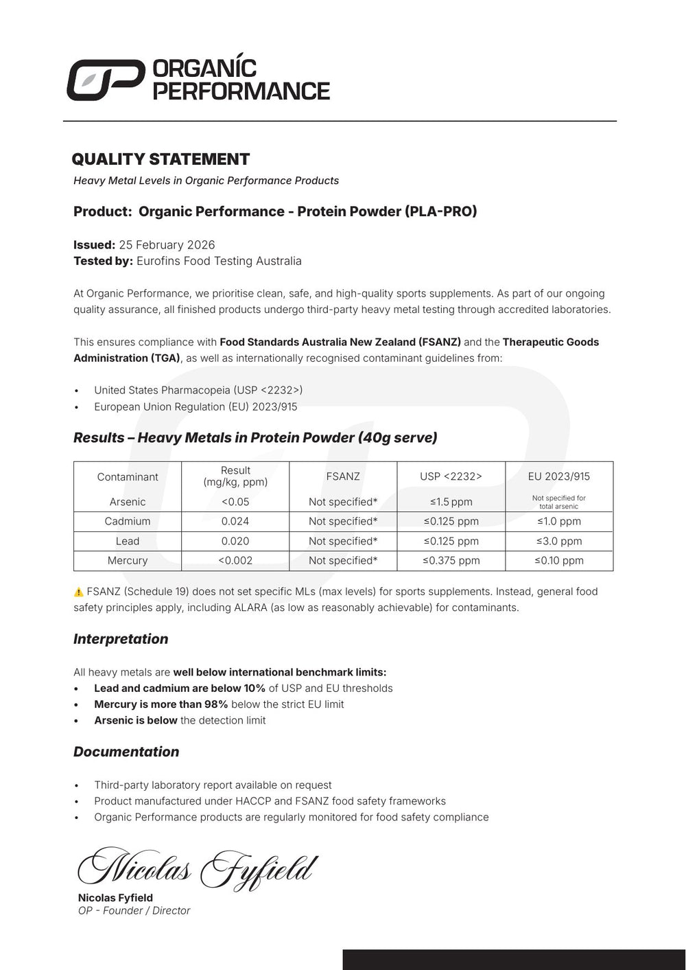Organic Performance quality statement showing heavy metal test results for the protein powder